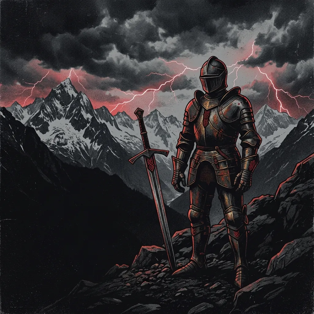 ilustración tributo de un guerrero medieval con armadura entre montañas alpinas bajo un cielo tormentoso, espada en alto y relámpagos de fondo, metal épico germánico, sin rostros reconocibles ni logos, paleta rojo y negro con toques dorados