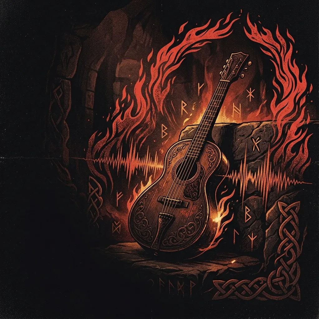 ilustración tributo de un instrumento de cuerdas antiguo entre runas nórdicas y ondas de sonido que se transforman en llamas, ambiente de leyenda germánica y folk metal épico, sin texto ni logotipos visibles, paleta rojo y negro con destellos de luz ámbar
