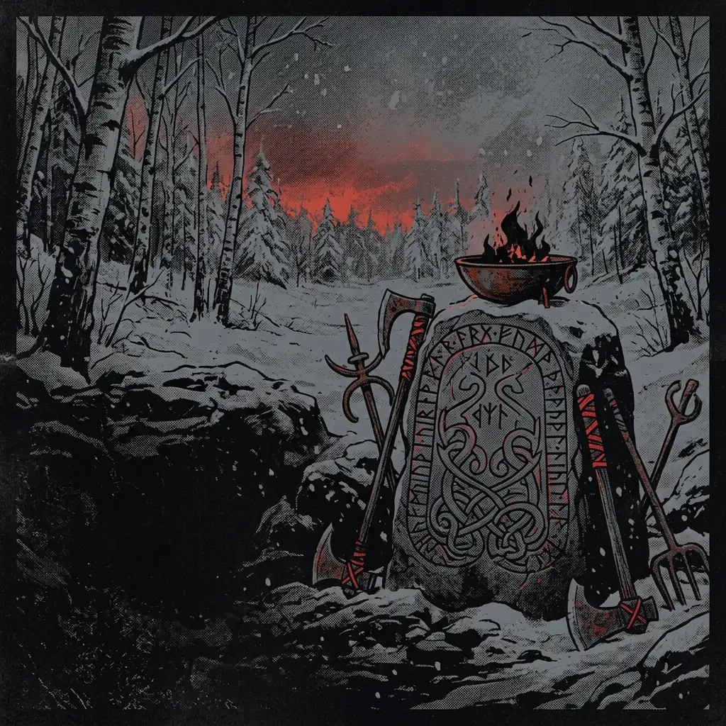 ilustración tributo de un altar de piedra rúnica en un bosque de abedules nevados bajo un cielo de invierno sueco, llamas rojizas en el horizonte, atmósfera de metal vikingo años 2000, sin rostros reconocibles ni logos, paleta rojo y negro