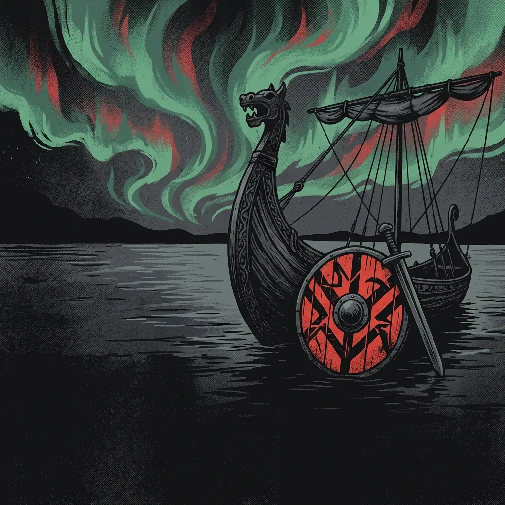 ilustración tributo de un barco vikingo en un lago oscuro bajo aurora boreal sueca, escudo y espada apoyados en la proa, atmósfera épica y solemne, sin rostros ni logos reconocibles, paleta rojo y negro con destellos de verde nórdico