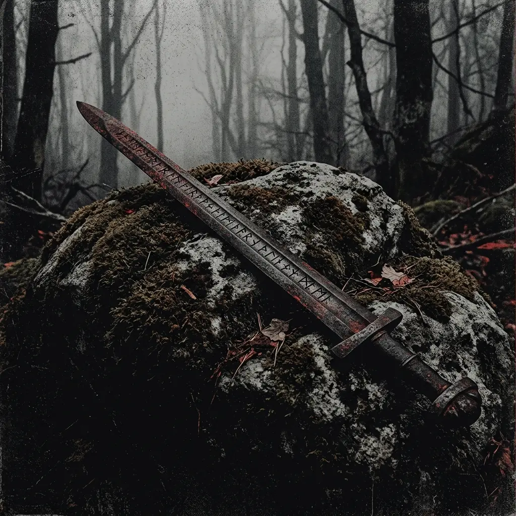 ilustración tributo de runas nórdicas grabadas en una espada de hierro oxidado sobre una piedra cubierta de musgo, bosque escandinavo al fondo en la niebla, sin texto ni logotipos, paleta rojo y negro