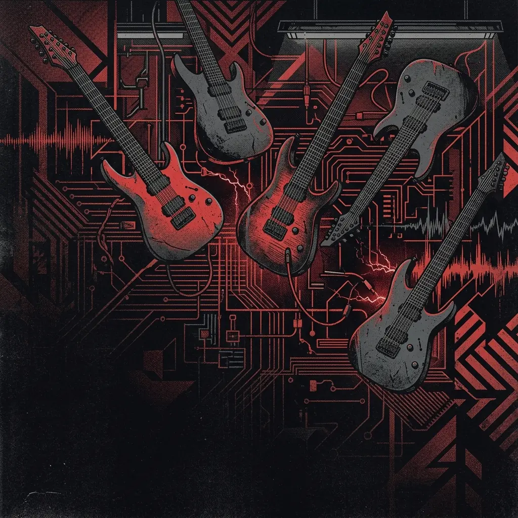 ilustración tributo de guitarras eléctricas de siete cuerdas suspendidas sobre un fondo de circuitos y patrones geométricos en rojo y negro, atmósfera técnica y caótica, sin rostros ni logos