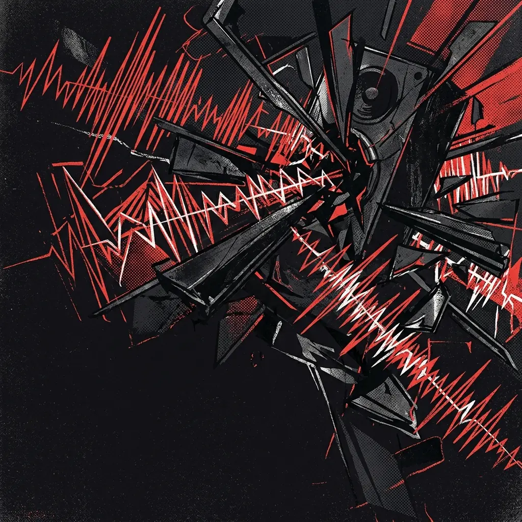 ilustración tributo de ondas de sonido y estructuras metálicas fragmentadas en rojo intenso sobre negro, geometría caótica y precisa, ambiente de estudio técnico nocturno, sin rostros reconocibles ni logos