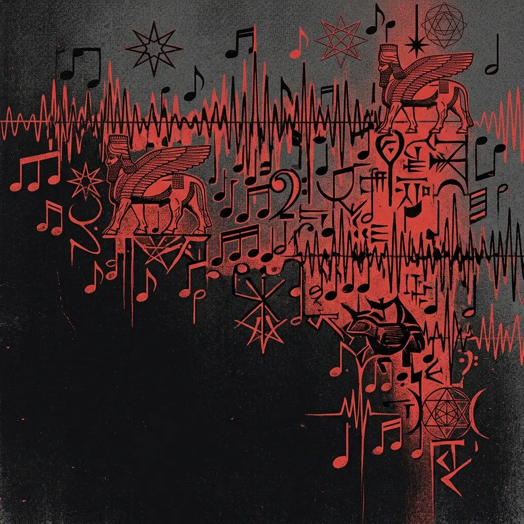 ilustración tributo de una constelación de notas musicales y ondas electromagnéticas formando una arquitectura de sonido en rojo y negro, símbolos de la mitología acadia integrados en el diseño, sin texto ni logotipos