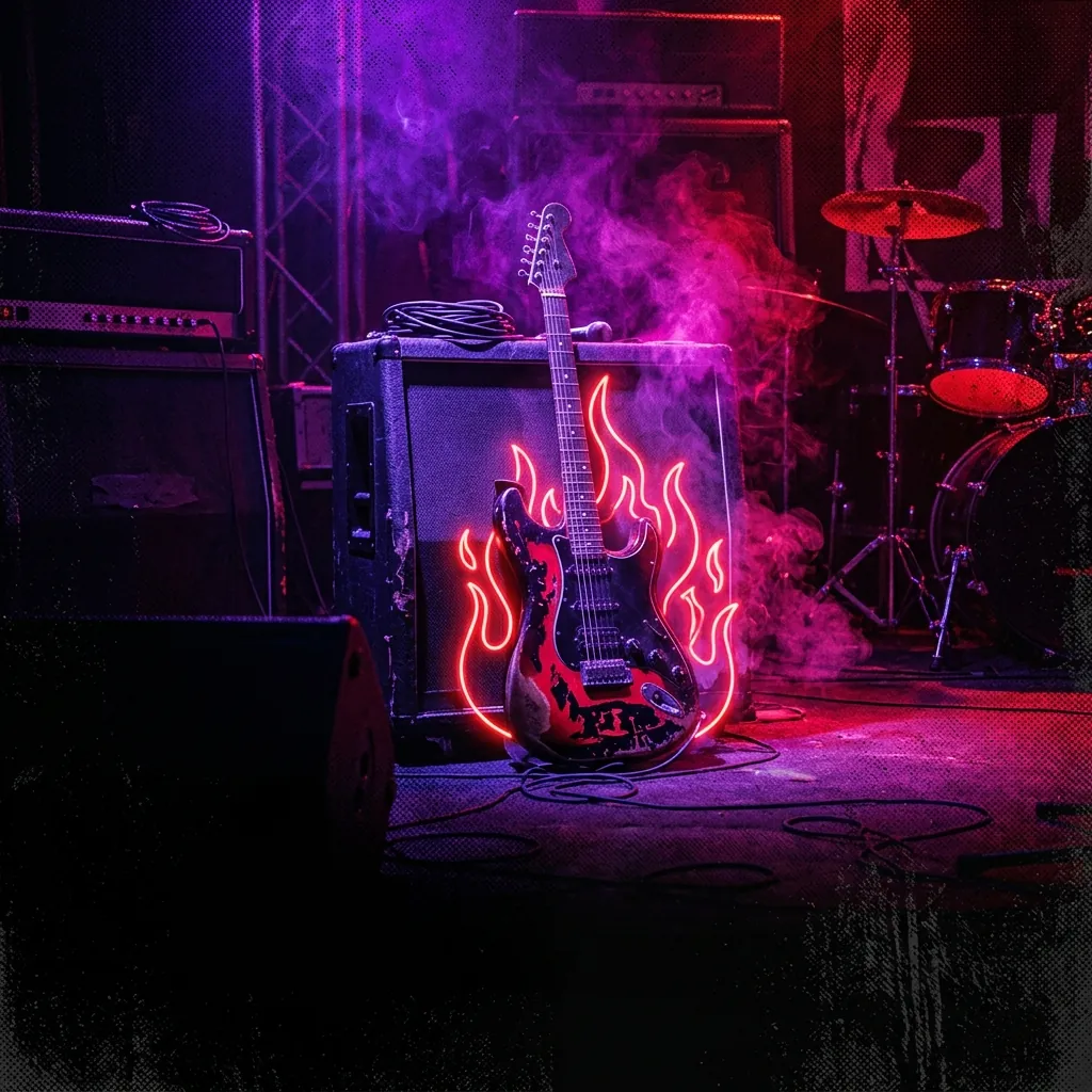 ilustración tributo de una guitarra eléctrica entre llamas de neón rojo y siluetas de escenario bajo luz ultravioleta, estética post-hardcore de Las Vegas años 2000, paleta rojo y negro, sin rostros reconocibles ni logos