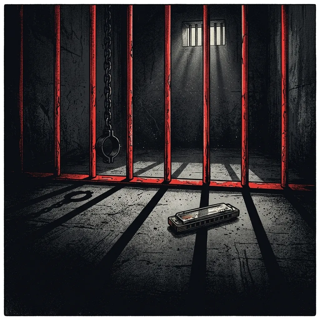 ilustración tributo de una celda de cárcel con barrotes rojos proyectando sombras sobre un piso de concreto, atmósfera de tensión y resiliencia, paleta rojo y negro, sin rostros ni logos