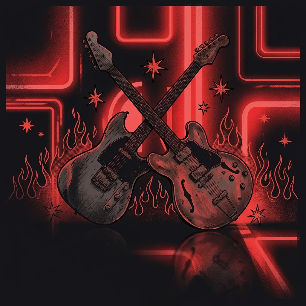 ilustración tributo de dos guitarras eléctricas cruzadas sobre un fondo de neón rojo y negro, estética post-hardcore con detalles de llamas y estrellas de desierto, paleta rojo y negro, sin texto ni logotipos