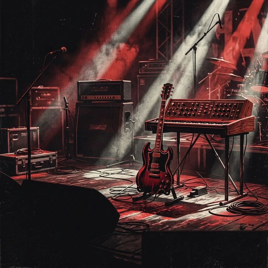 ilustración tributo de una guitarra eléctrica y un teclado vintage sobre un escenario iluminado con rayos de luz blanca y roja, atmósfera hard rock sueco años ochenta, sin rostros reconocibles ni logos, paleta rojo y negro