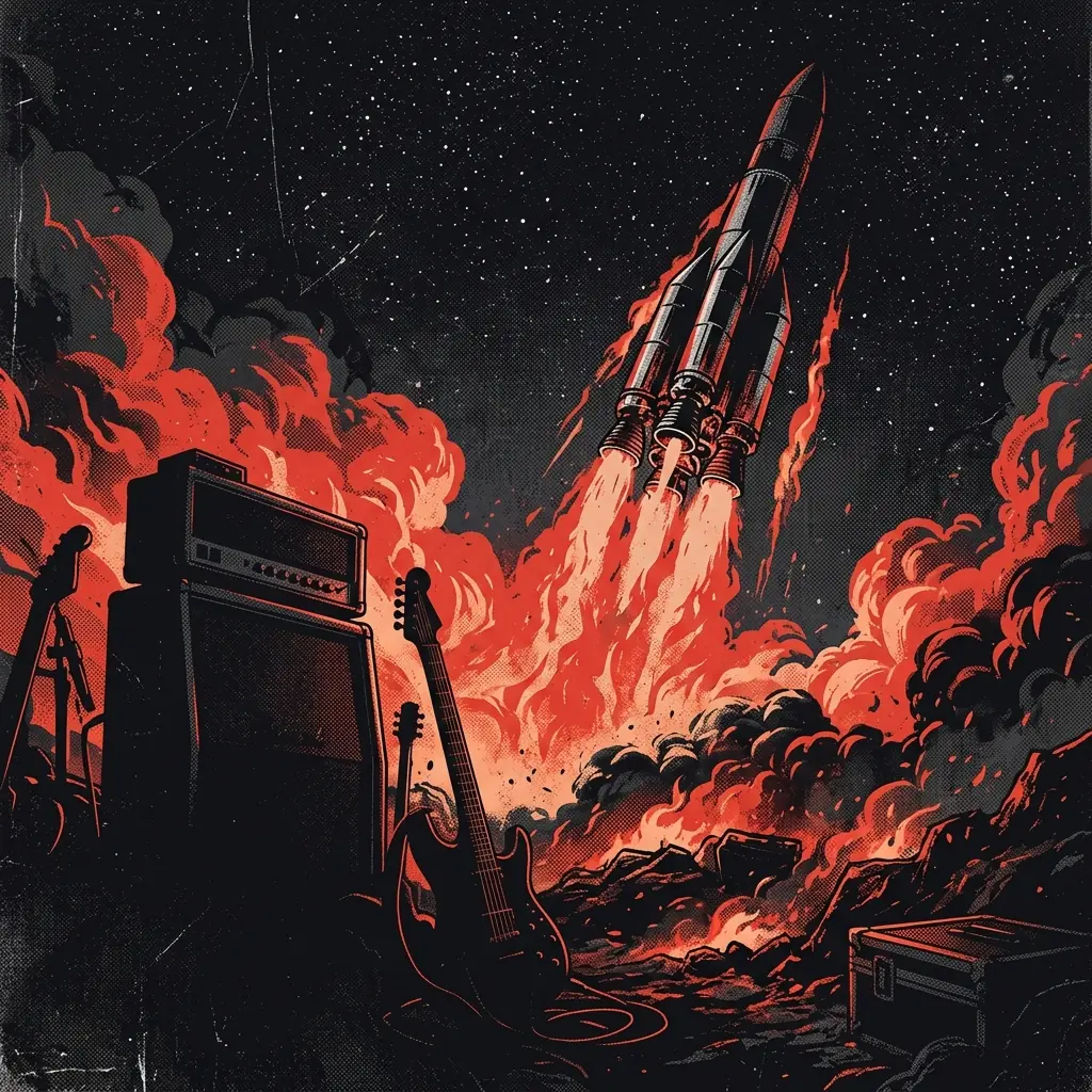 ilustración tributo de un cohete despegando entre llamas bajo un cielo nocturno estrellado, silueta de guitarras y amplificadores en primer plano, atmósfera épica hard rock años ochenta, sin rostros ni logos, paleta rojo y negro con destellos plateados
