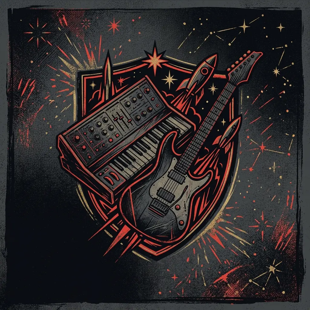 ilustración tributo de un teclado vintage y una guitarra eléctrica entrelazados como un escudo de armas, motivos de cohetes y estrellas al fondo, atmósfera hard rock melódico sueco, sin texto ni logotipos, paleta rojo y negro con toques dorados