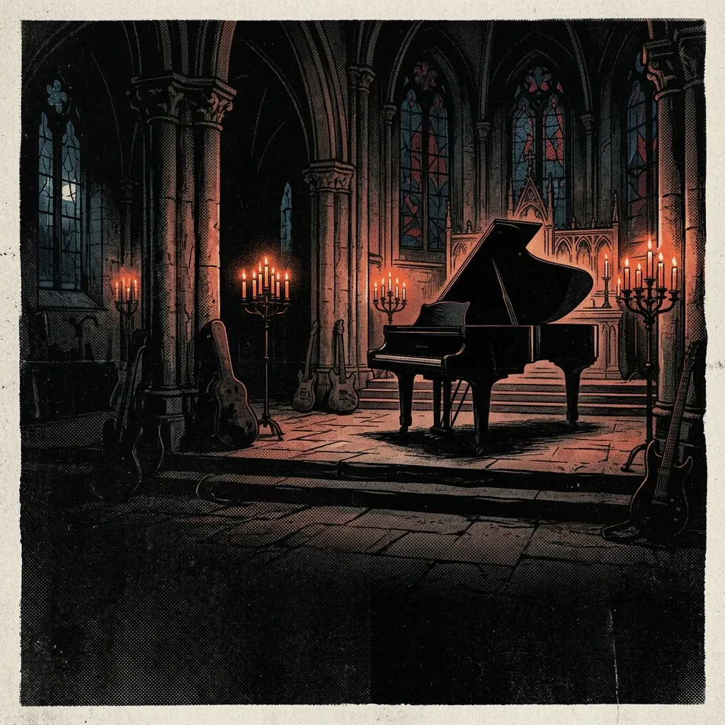 ilustración tributo de un piano de cola en una catedral oscura, velas encendidas, guitarras eléctricas apoyadas contra columnas de piedra, atmósfera nocturna y gótica, paleta rojo y negro, sin rostros ni logos