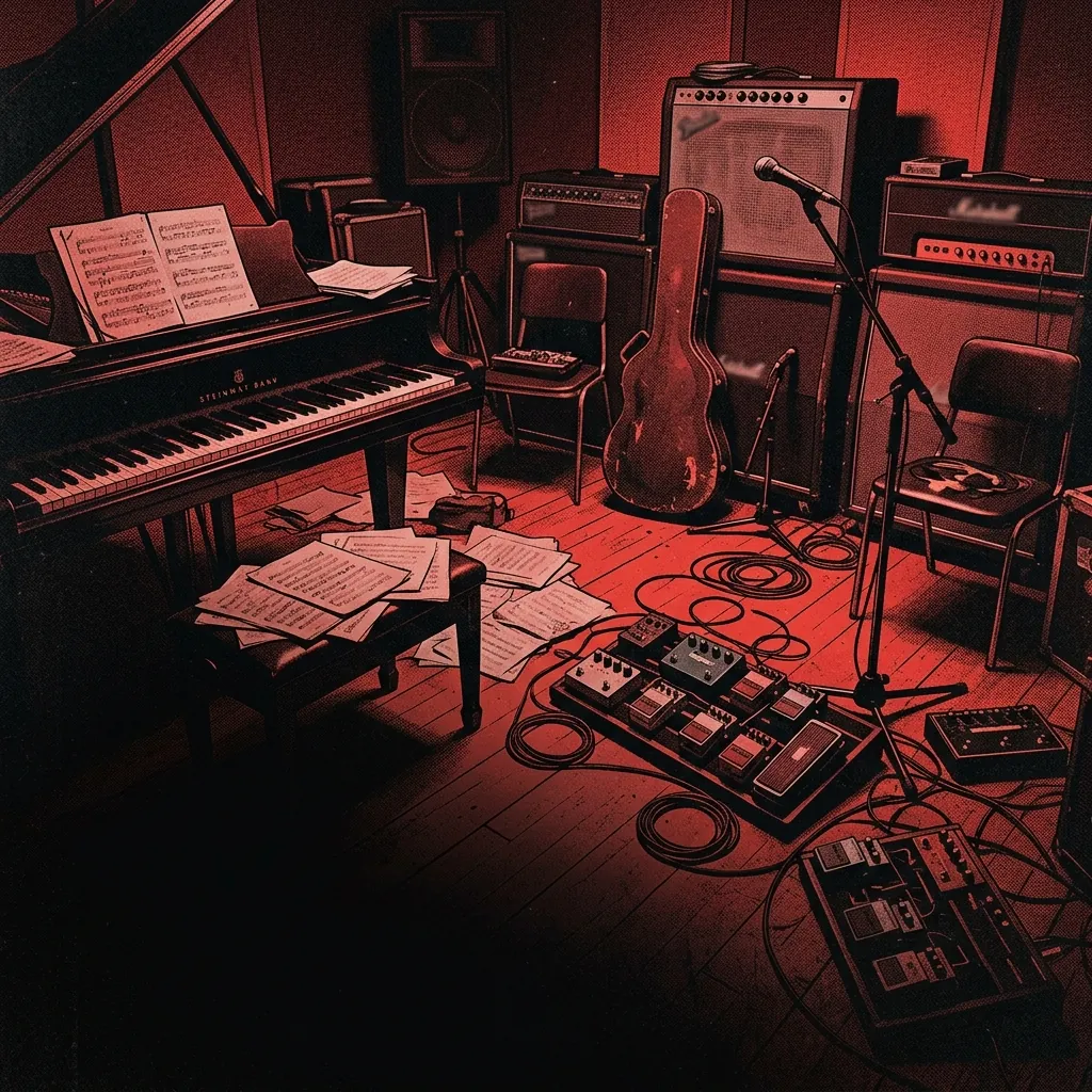 ilustración tributo de una sala de ensayo con piano Steinway, pedaleras de efectos y amplificadores vintage bajo luz roja, partituras dispersas, atmósfera de trabajo creativo intenso, paleta rojo y negro, sin rostros ni logos