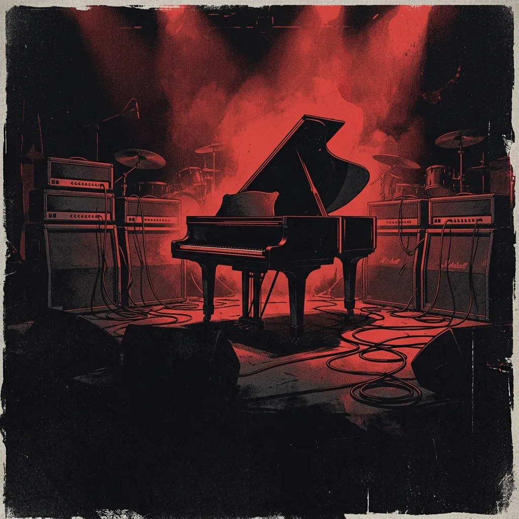 ilustración tributo de un gran piano negro rodeado de amplificadores Marshall y cables de guitarra, luz roja dramática sobre fondo oscuro, atmósfera de concierto nocturno, paleta rojo y negro, sin texto ni logotipos