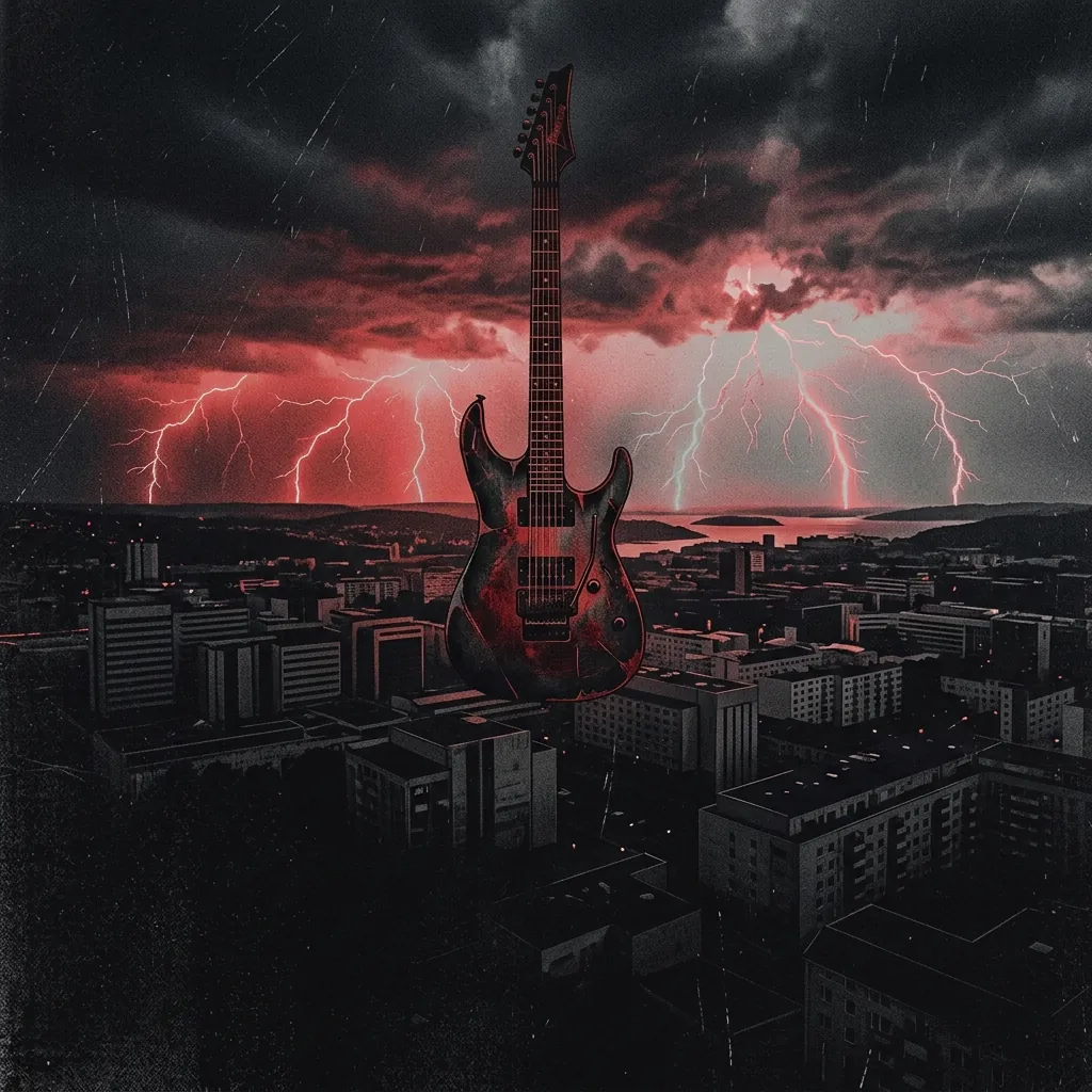 ilustración tributo de una guitarra eléctrica de color oscuro suspendida sobre una ciudad nórdica en penumbra, relámpagos en el horizonte, atmósfera metal progresivo oscuro Gotemburgo años 90, sin rostros reconocibles ni logos, paleta rojo y negro con destellos de gris
