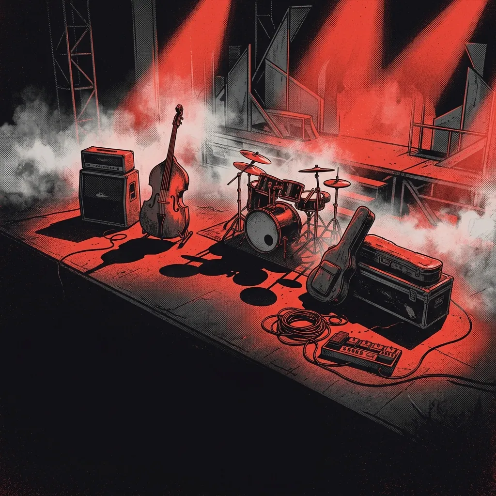 ilustración tributo de un escenario de concierto de metal con luces rojas que proyectan sombras largas sobre instrumentos abandonados, atmósfera épica y melancólica, sin rostros ni logos, paleta rojo y negro con humo blanco