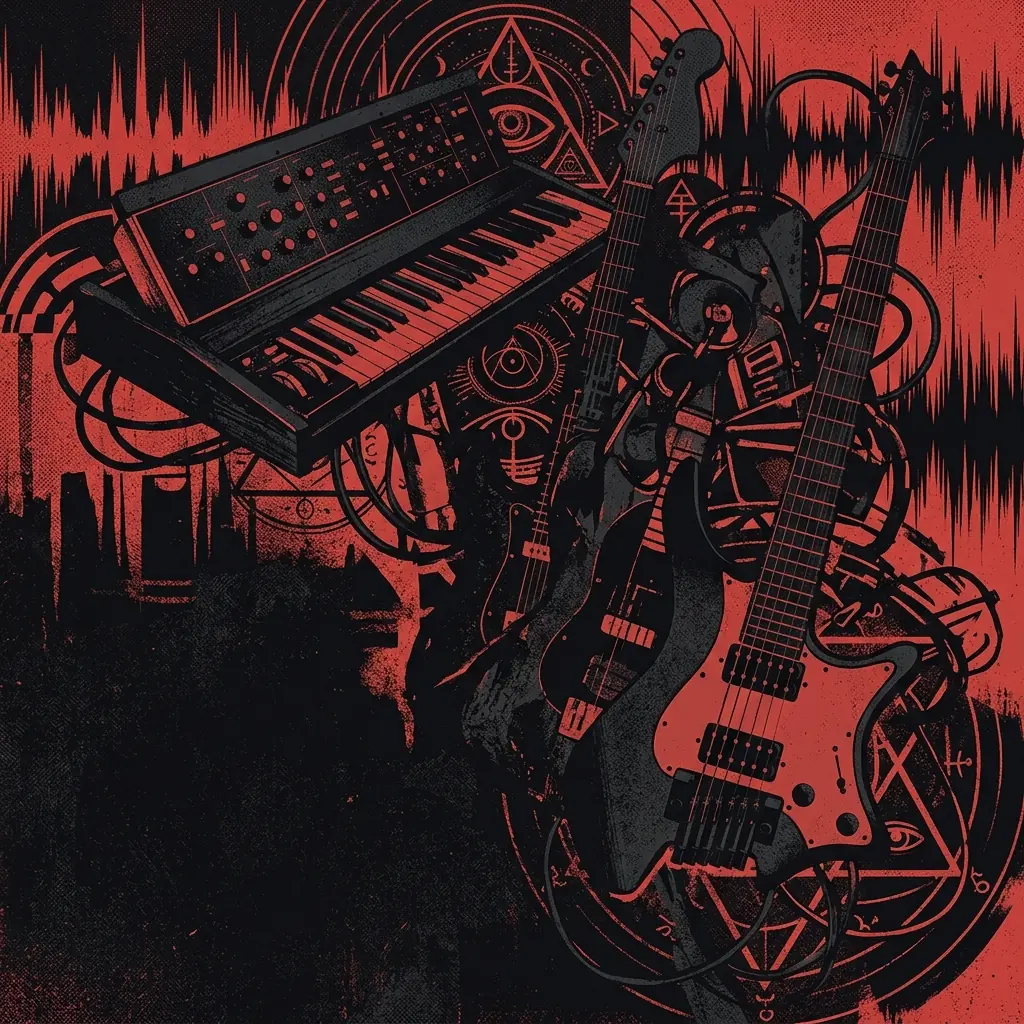 ilustración tributo de un collage de teclados vintage y guitarras de metal sobre un fondo de ondas sonoras en rojo y negro, símbolos de intriga y espiritualidad entrelazados, sin texto ni logotipos, paleta rojo y negro con grises oscuros