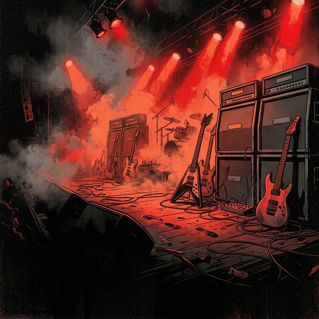 ilustración tributo de guitarras eléctricas encendidas sobre un escenario sumergido en humo y luz roja intensa, energía thrash metal Bay Area años 80, sin rostros reconocibles ni logos, paleta rojo y negro