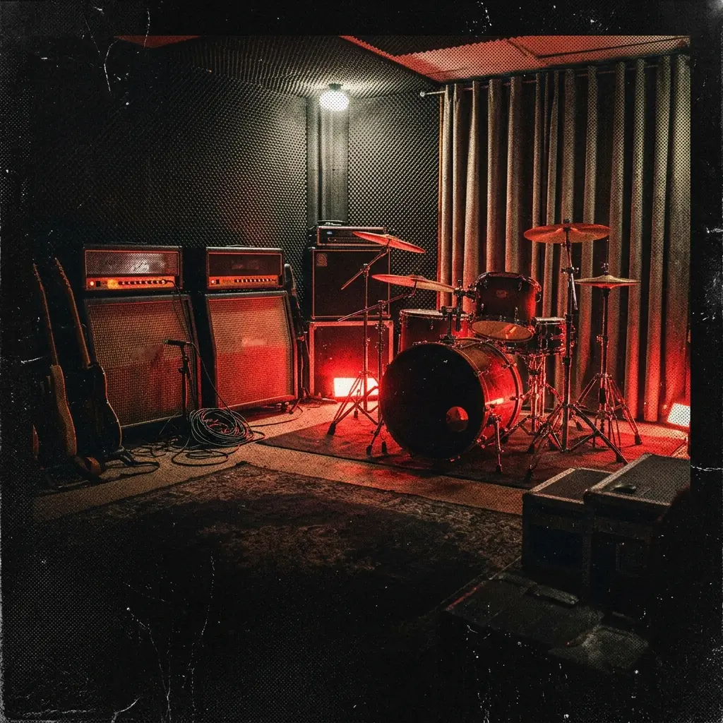ilustración tributo de un estudio de grabación subterráneo con amplificadores encendidos y una batería iluminada por luz roja tenue, atmósfera de intensidad y concentración extrema, sin rostros ni logos, paleta rojo y negro