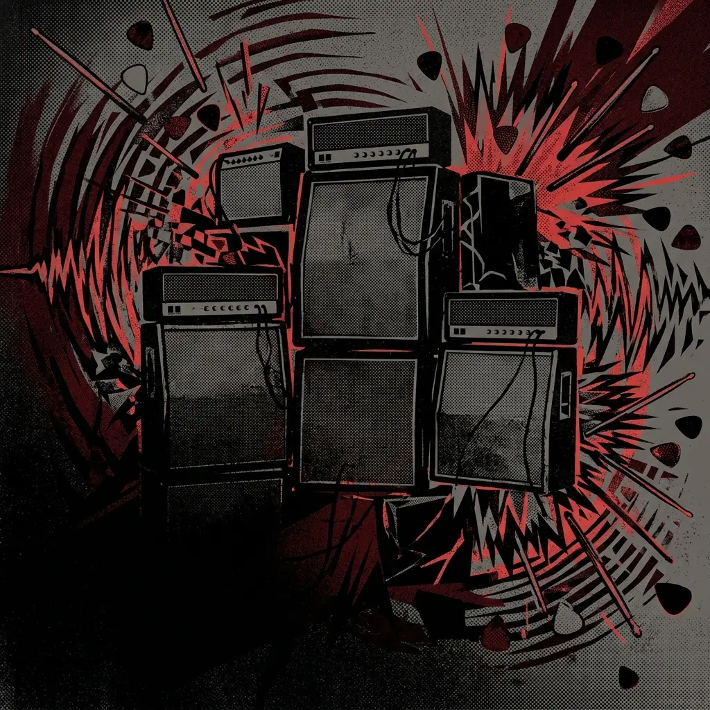 ilustración tributo de un collage de amplificadores Marshall apilados, púas de guitarra y redobles de batería representados como ondas de choque, estética thrash metal Bay Area, paleta rojo y negro, sin texto ni logotipos