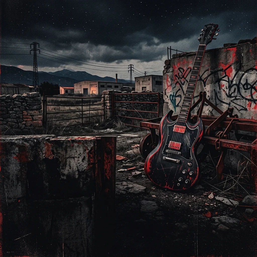 ilustración tributo del rock urbano español, una guitarra eléctrica gastada en un entorno rural-urbano crudo, paleta rojo y negro, sin rostros ni logos