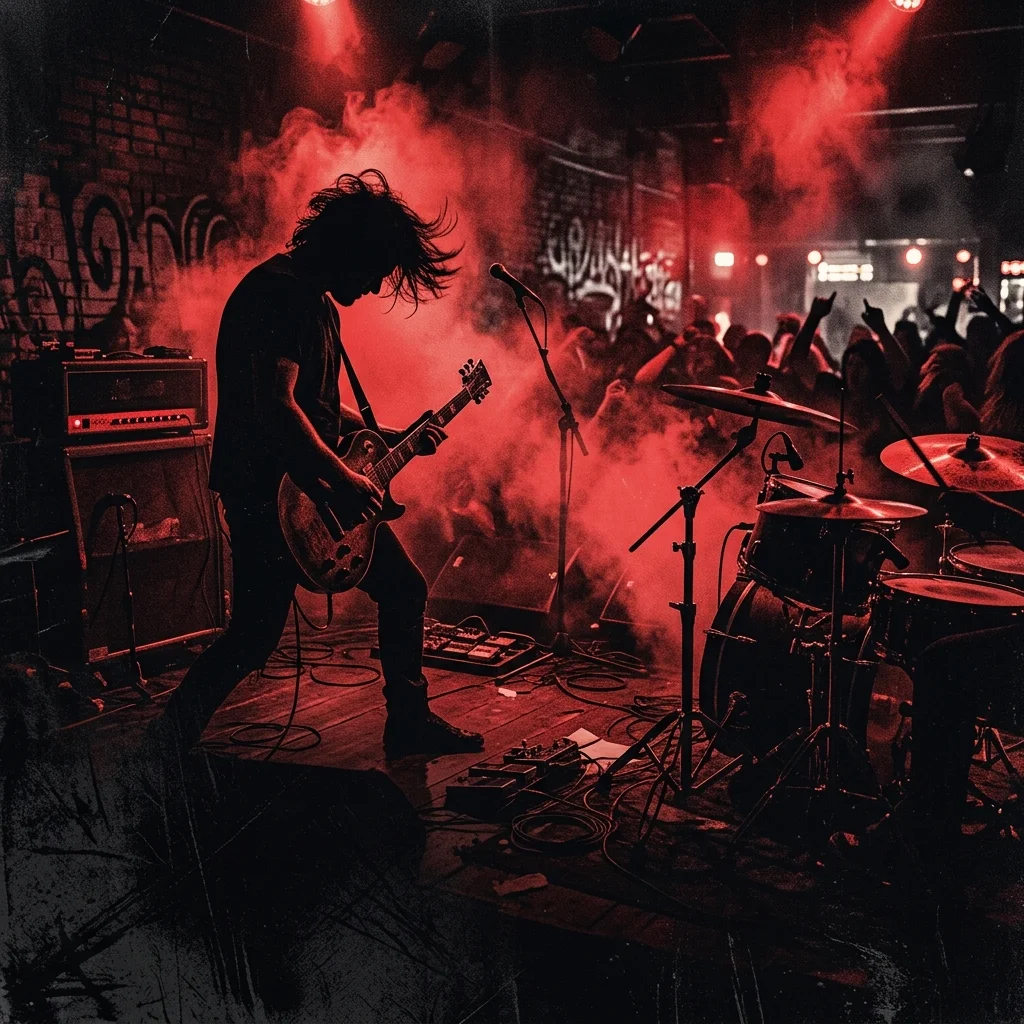 ilustración tributo de un escenario de rock crudo con humo y luz roja, atmósfera libre y visceral, paleta rojo y negro, sin rostros ni logos