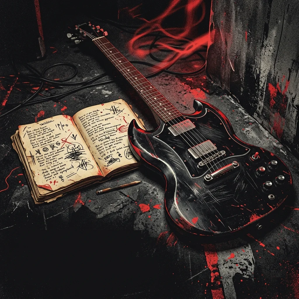 ilustración tributo de un cuaderno de letras junto a una guitarra eléctrica sobre fondo oscuro con rojo, estética cruda y poética, sin texto legible ni logotipos