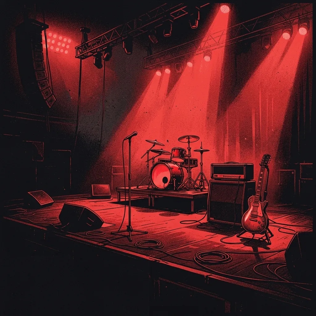 ilustración tributo de un escenario de estadio bañado en luz roja con instrumentos encendidos y una atmósfera de tensión creativa e intensidad, paleta rojo y negro, sin rostros ni logos
