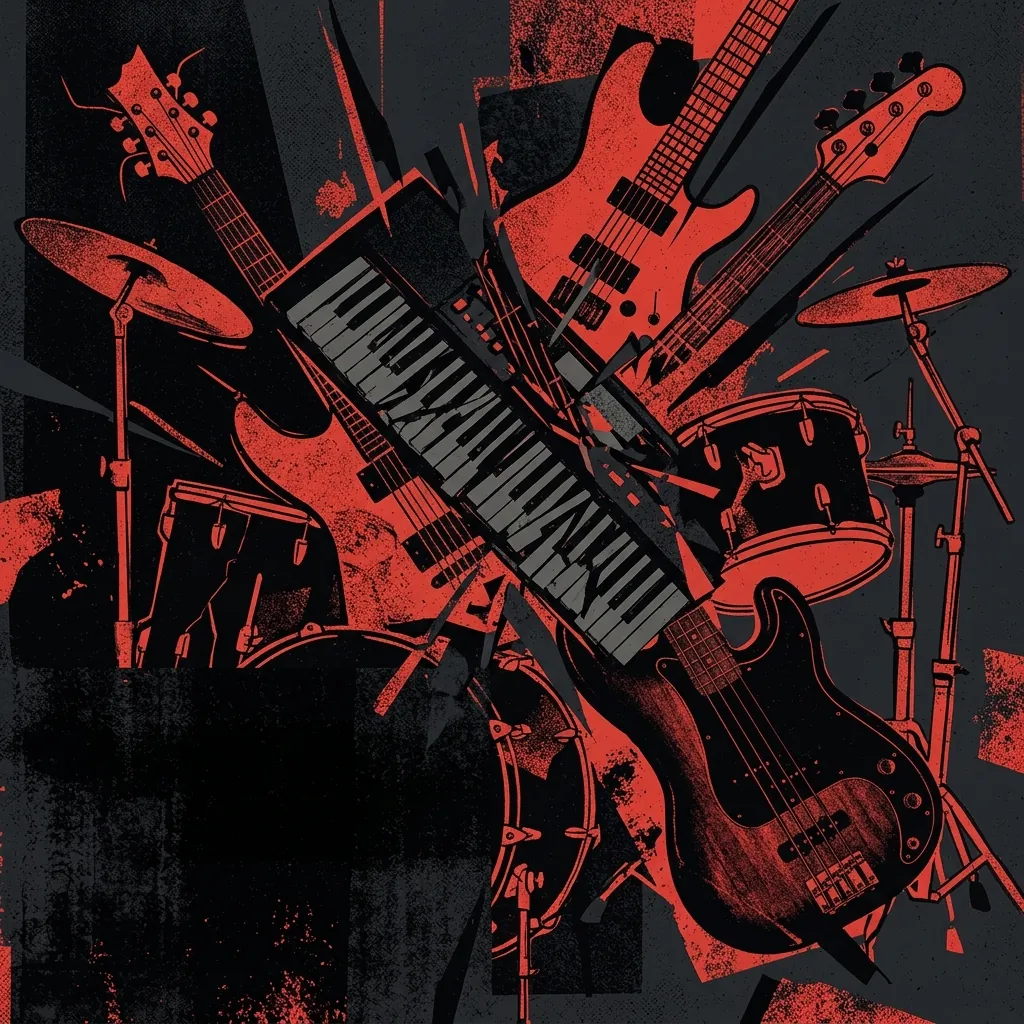 ilustración tributo de un collage de instrumentos —teclado, guitarra, bajo y batería— en composición fragmentada y expresionista, atmósfera de vanguardia rock de los 90, paleta rojo y negro, sin texto ni logotipos