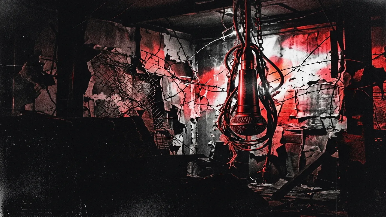 ilustración tributo de una guitarra eléctrica encadenada a una pared de ladrillos bajo luz roja intensa, símbolo de confinamiento y liberación, paleta rojo y negro, sin rostros reconocibles ni logos