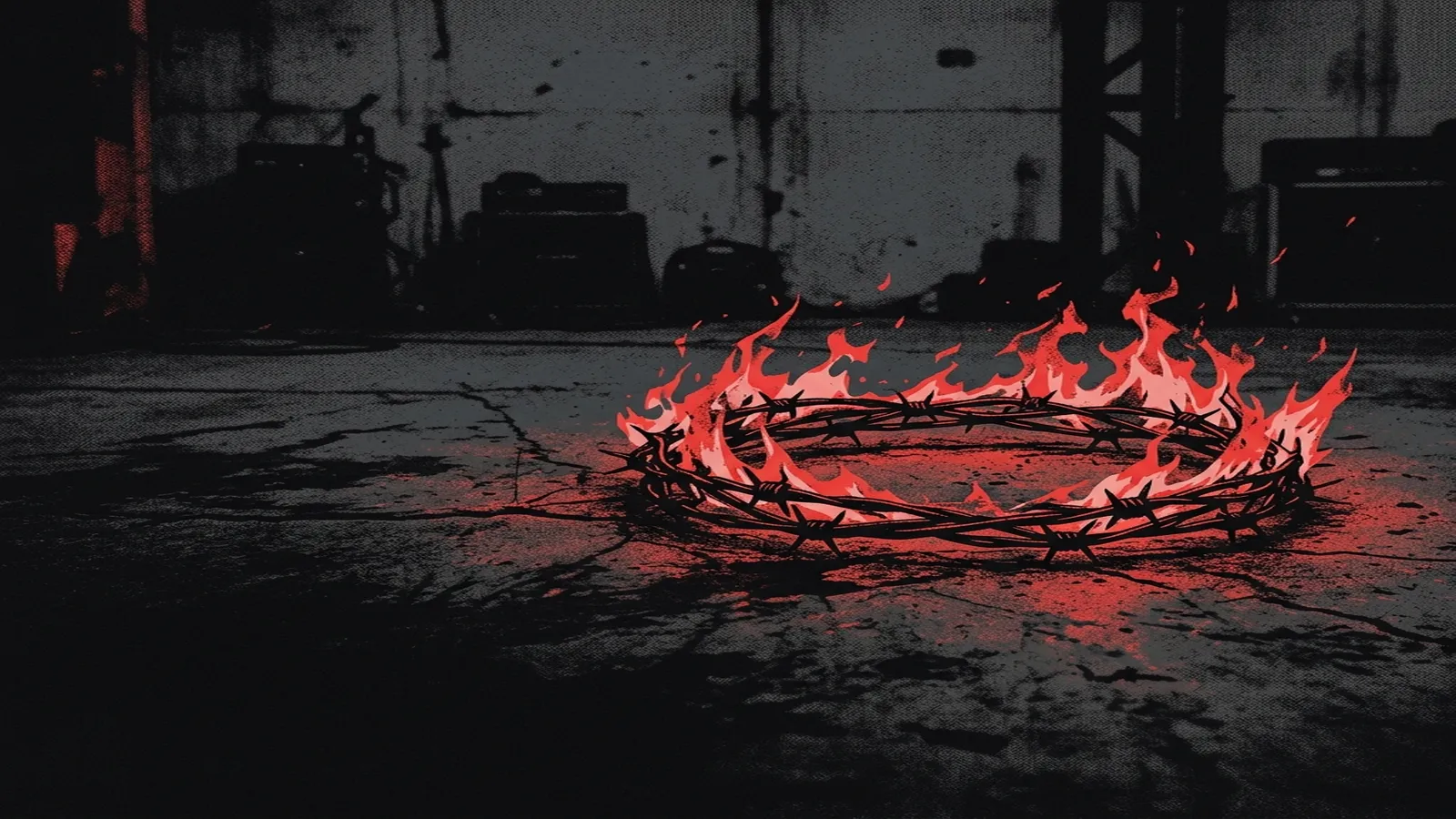 ilustración tributo de un escenario en llamas con guitarras eléctricas silueteadas contra un fondo de luz carmesí y destellos industriales, paleta rojo y negro, sin rostros ni logos