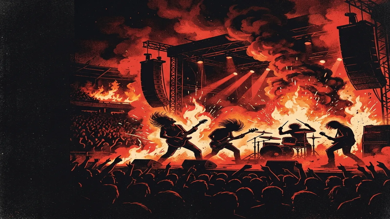 ilustración tributo de ondas sonoras que se desintegran en fragmentos rojos y negros, fusión visual de metal, hip-hop y caos electrónico, paleta rojo y negro, sin texto ni logotipos