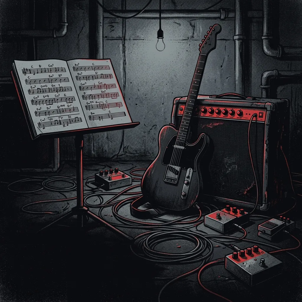 ilustración tributo de una guitarra eléctrica y una partitura con acordes complejos en la oscuridad de un sótano de ensayo, laberinto de cables y amplificadores, atmósfera densa y técnica, paleta rojo y negro, sin rostros reconocibles ni logos