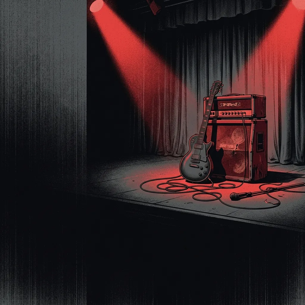 ilustración tributo de una sala de conciertos vacía con luz escarlata que ilumina un escenario donde solo queda una guitarra apoyada en un amplificante, atmósfera de expectativa y melancolía, paleta rojo y negro, sin rostros reconocibles ni logos