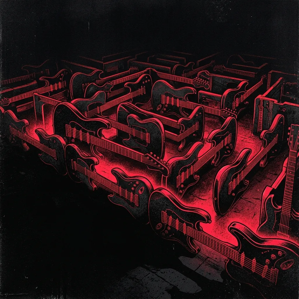 ilustración tributo de un laberinto geométrico iluminado desde adentro con luz rojiza, donde guitarras eléctricas forman las paredes del laberinto, atmósfera matemática y oscura, paleta rojo y negro intenso, sin texto ni logotipos