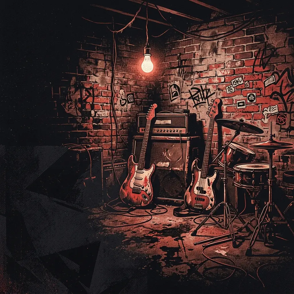 ilustración tributo de un escenario de sótano iluminado por una lámpara solitaria, instrumentos apoyados en la pared de ladrillo, atmósfera cruda y punk, paleta rojo y negro, sin rostros reconocibles ni logos
