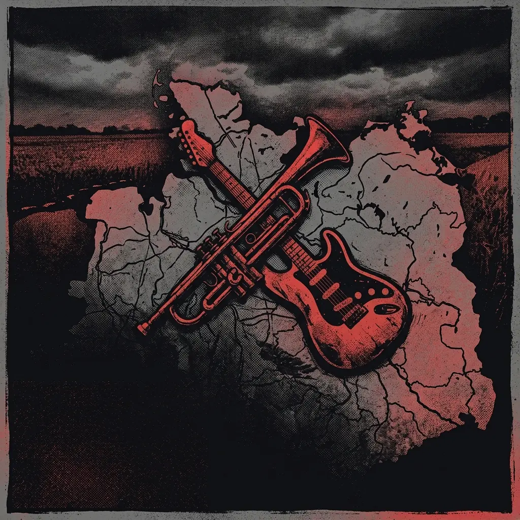ilustración tributo de una trompeta y una guitarra eléctrica cruzadas sobre un mapa esquemático del norte de Alemania, con campos y cielo nublado de fondo, paleta rojo y negro, sin texto ni logotipos