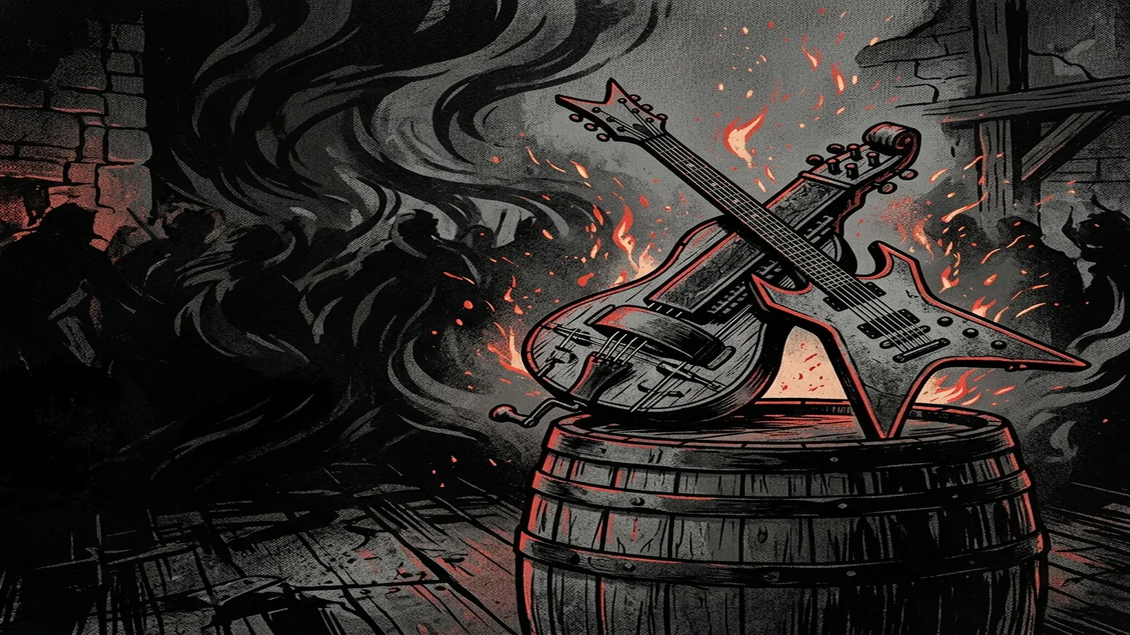 ilustración tributo de una taberna medieval iluminada por antorchas con jarras de hidromiel y espadas clavadas en mesas de madera, atmósfera folk metal alemán años 2000, sin rostros reconocibles ni logos, paleta rojo y negro