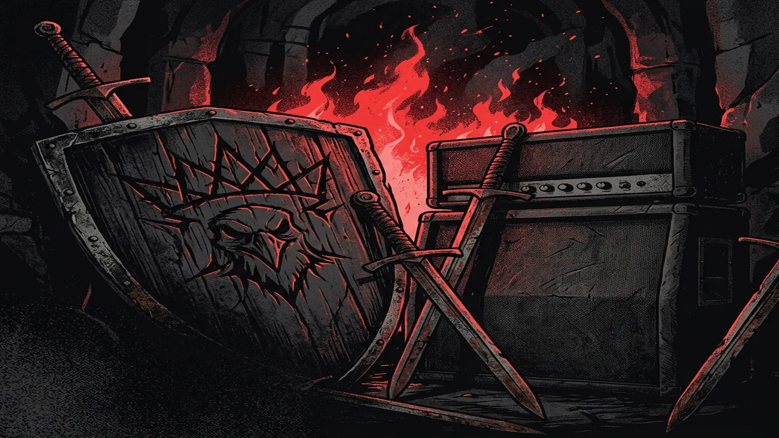 ilustración tributo de un castillo medieval bañado en llamas bajo un cielo de tormenta con una espada brillante en primer plano, atmósfera folk metal épico contemporáneo, sin rostros ni logos, paleta rojo y negro profundo
