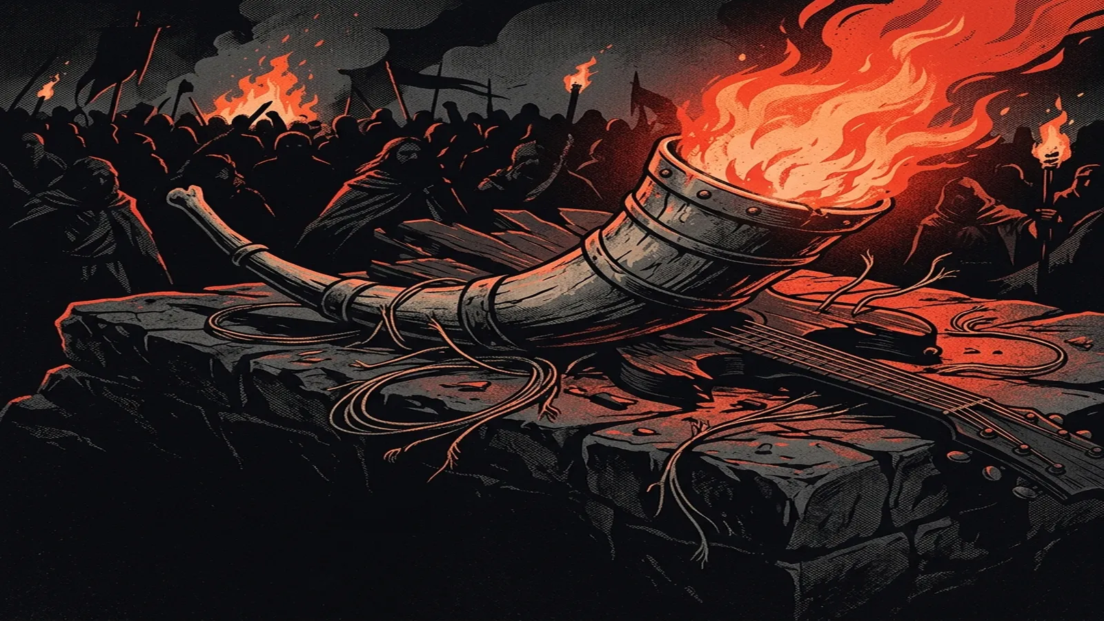 ilustración tributo de instrumentos medievales —zanfona, gaita, laúd— mezclados con guitarras eléctricas y un yelmo ardiente al centro, atmósfera folk metal medieval alemán, sin texto ni logotipos, paleta rojo y negro con reflejos de fuego