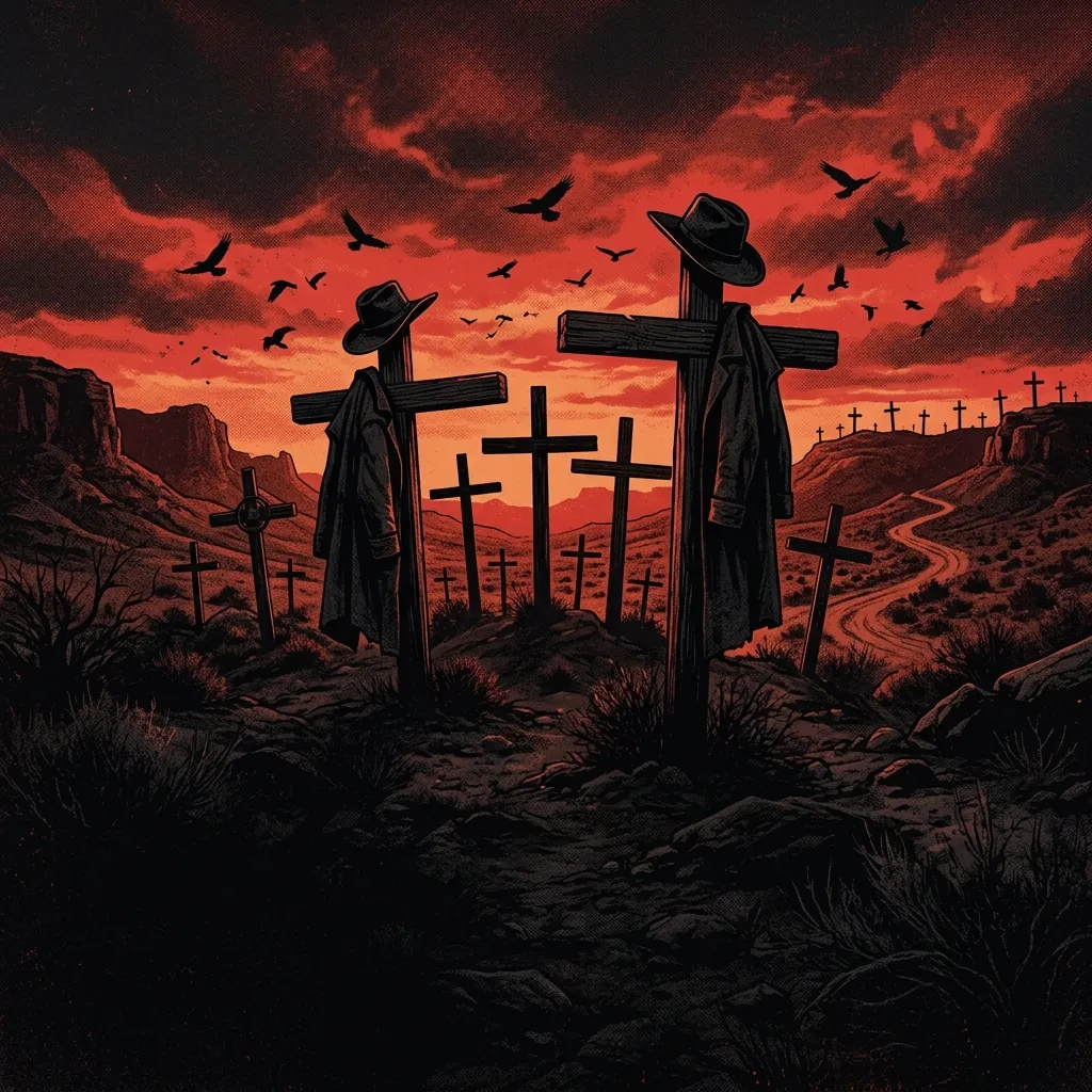 ilustración tributo de cinco siluetas encapotadas con sombrero en un paisaje desértico al atardecer, cuervos en el cielo, cruces en la distancia, atmósfera gothic western occultista, sin rostros reconocibles ni logos, paleta rojo y negro