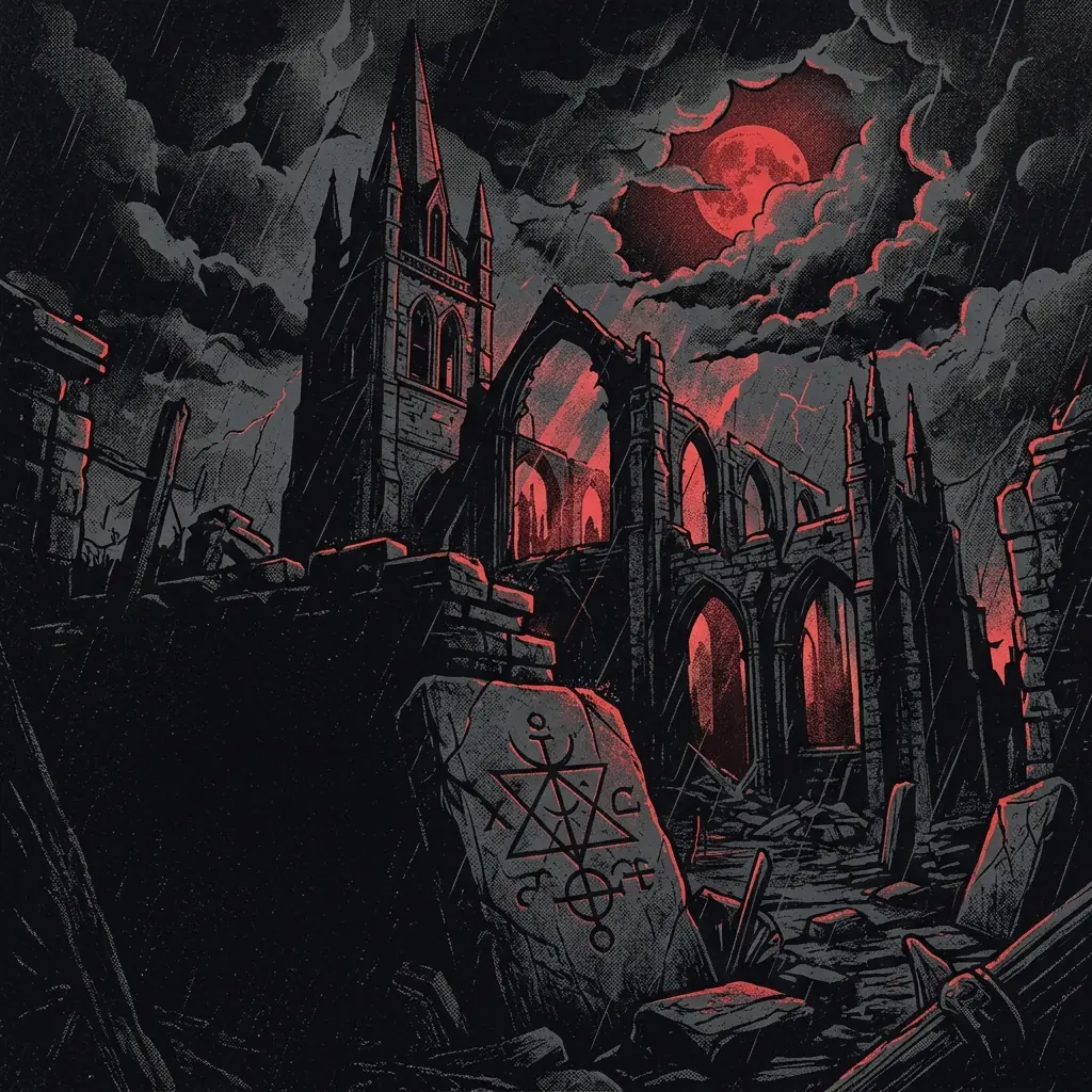 ilustración tributo de una catedral en ruinas bajo una tormenta nocturna, luna roja filtrándose entre nubes negras, símbolo alquímico grabado en la piedra, atmósfera gothic metal, sin rostros ni logos, paleta rojo y negro