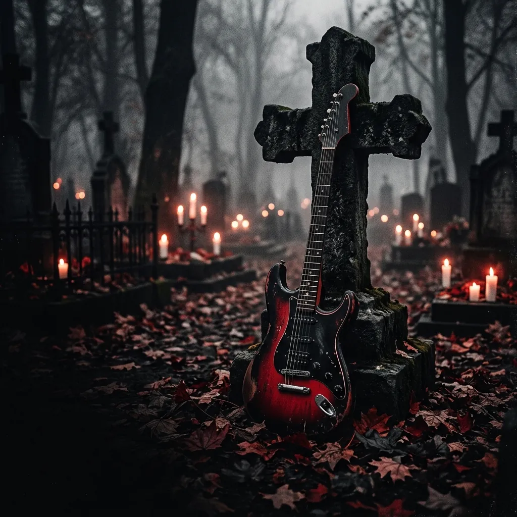 ilustración tributo de una guitarra eléctrica apoyada en una cruz de piedra en un cementerio brumoso, velas encendidas al fondo, hojas secas en el suelo, atmósfera gothic rock occultista, sin texto ni logotipos, paleta rojo y negro