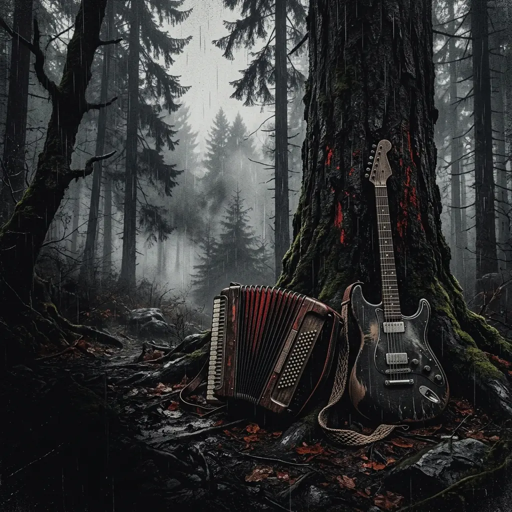 ilustración tributo de un acordeón y una guitarra eléctrica apoyados contra un árbol anciano de la Selva Negra alemana bajo una lluvia fina, niebla entre los pinos, ambiente pagano y épico sin rostros ni logos, paleta rojo y negro