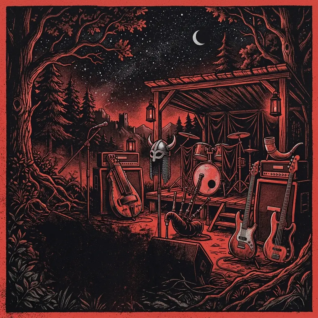 ilustración tributo de un escenario al aire libre en un claro de bosque oscuro bajo un cielo estrellado, instrumentos medievales y eléctricos combinados, atmósfera folk metal épico europeo sin rostros ni logos, paleta rojo y negro con destellos plateados