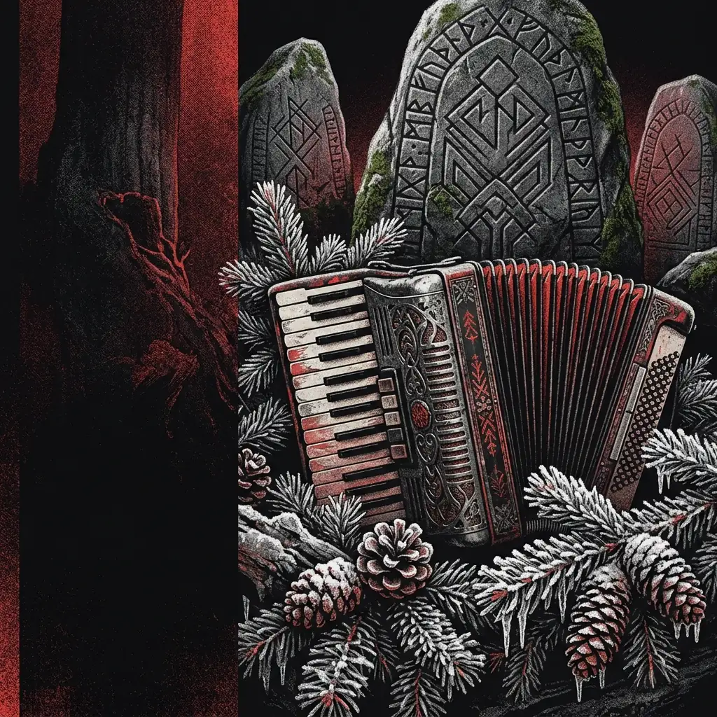 ilustración tributo de un acordeón con detalles metálicos rodeado de ramas de abeto y escarcha, motivos de runas germánicas grabadas en piedra al fondo, sin texto ni logotipos, paleta rojo y negro con texturas de madera y hielo