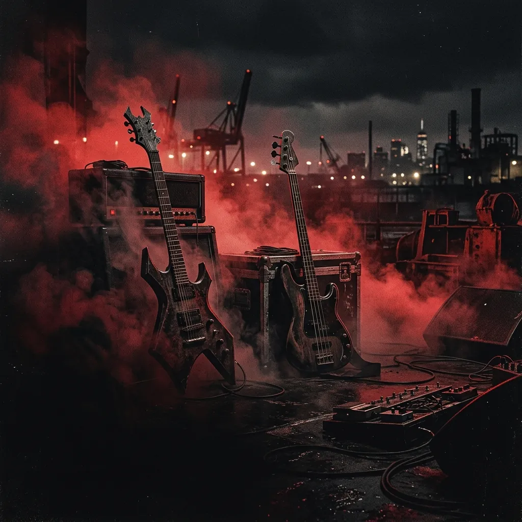 ilustración tributo de guitarras de metal sumergidas en niebla roja y negra sobre un escenario oscuro de Jersey City, atmósfera pesada e industrial, sin rostros reconocibles ni logos
