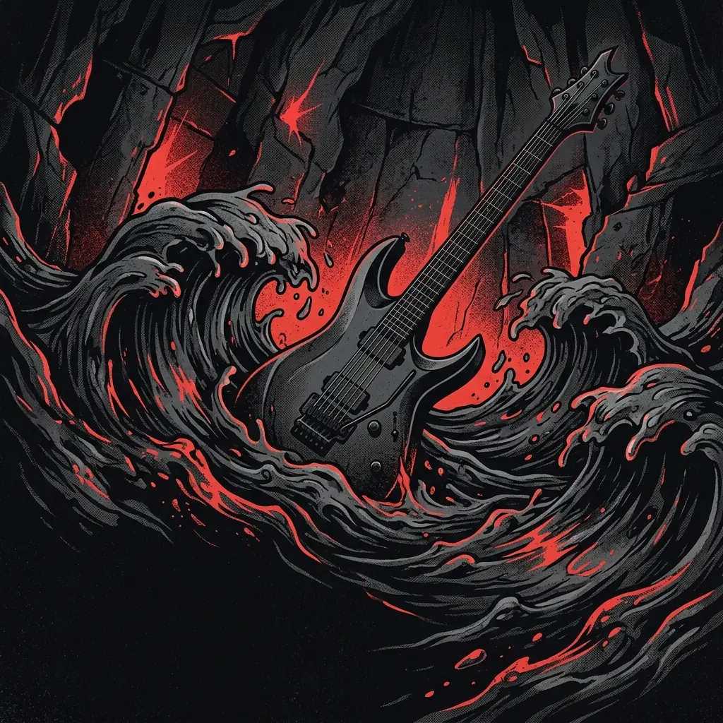ilustración tributo de olas oscuras de metal fundido rodeando guitarra eléctrica de metal extremo, atmósfera cavernosa con destellos rojos, deathcore atmosférico moderno, paleta rojo y negro, sin rostros ni logos