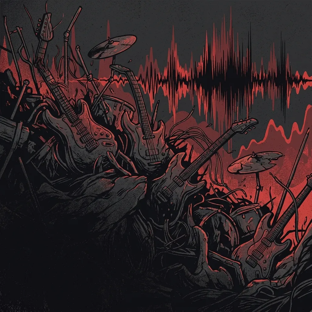 ilustración tributo de un abismo sonoro de metal extremo: guitarras retorcidas, percusión de acero y ondas de sonido en rojo y negro, estética deathcore atmosférico de Nueva Jersey, sin texto ni logotipos