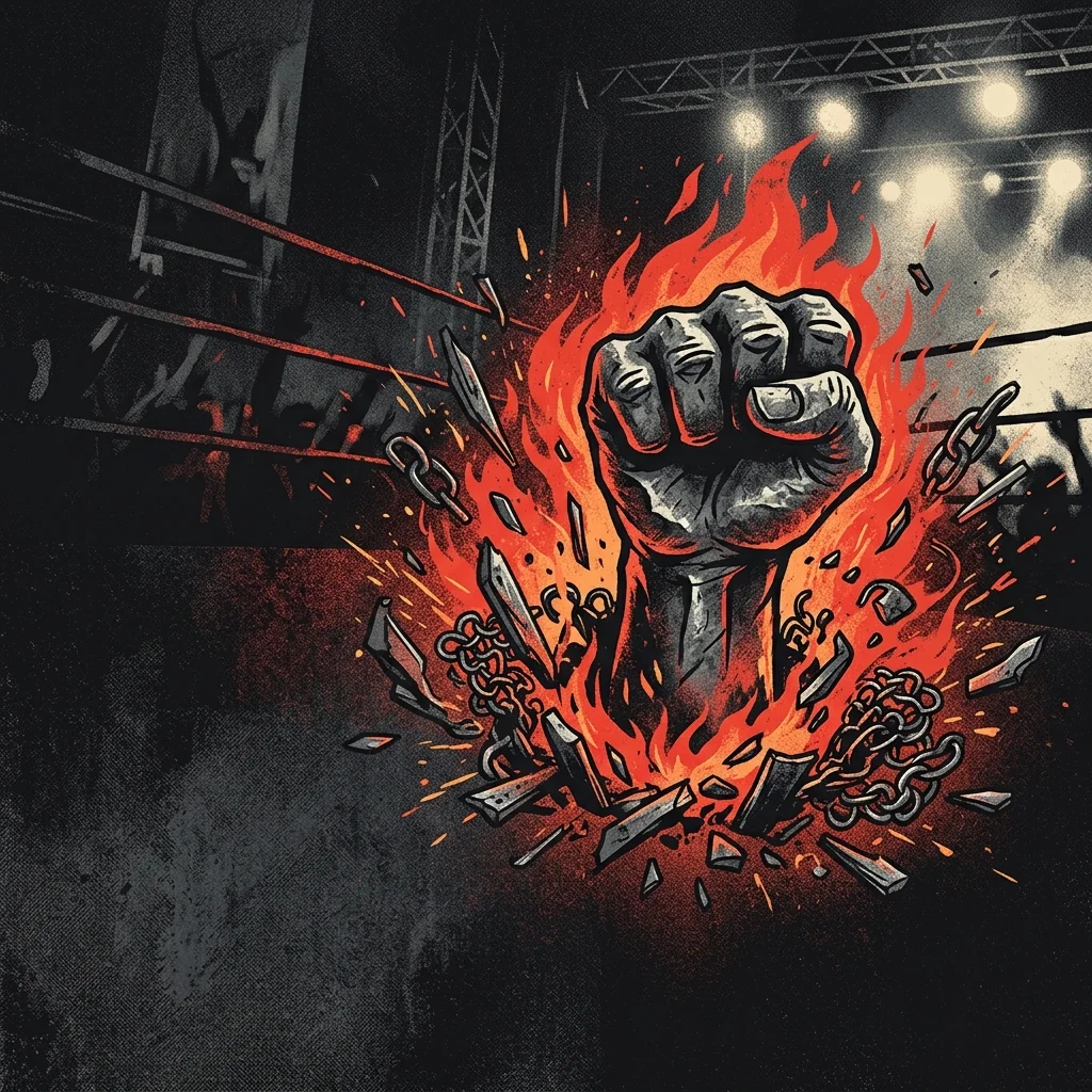 ilustración tributo de un puño de acero rodeado de llamas rojas y fragmentos de metal, atmósfera de ring de combate y escenario de concierto, paleta rojo y negro intensa, sin rostros reconocibles ni logos