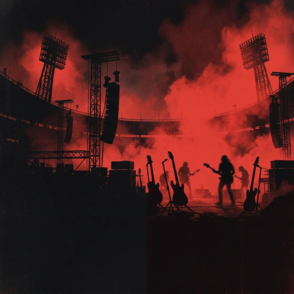 ilustración tributo de un escenario de estadio envuelto en humo rojo con siluetas de guitarras eléctricas y torres de luz, atmósfera épica y cavernosa, paleta rojo y negro, sin rostros ni logos